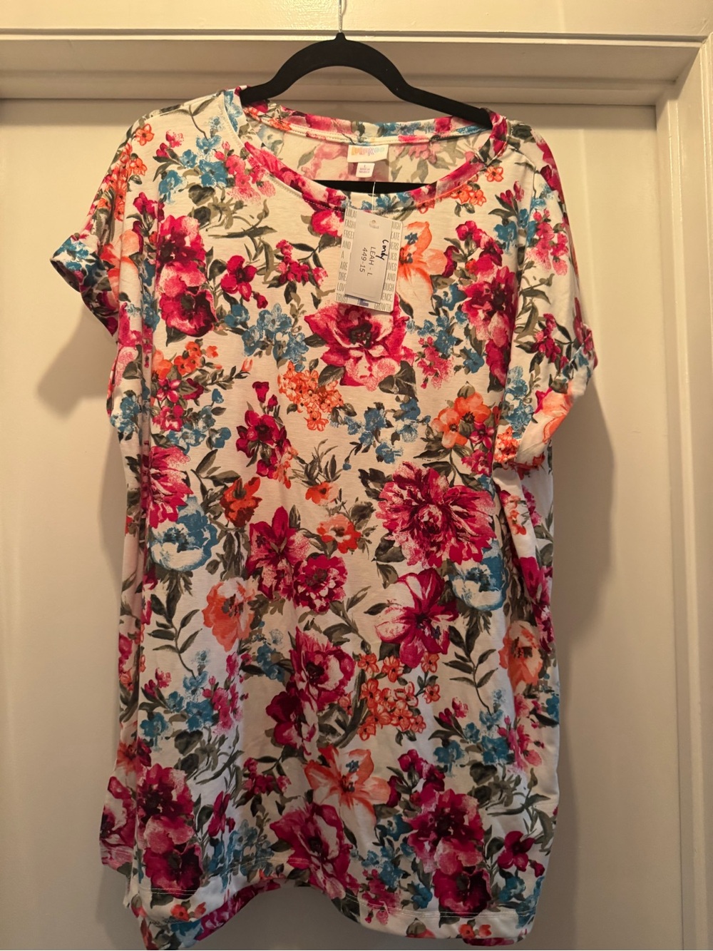 LuLaRoe Leah Floral Scoop Neck Tunic in White with Pink, Orange & Blue